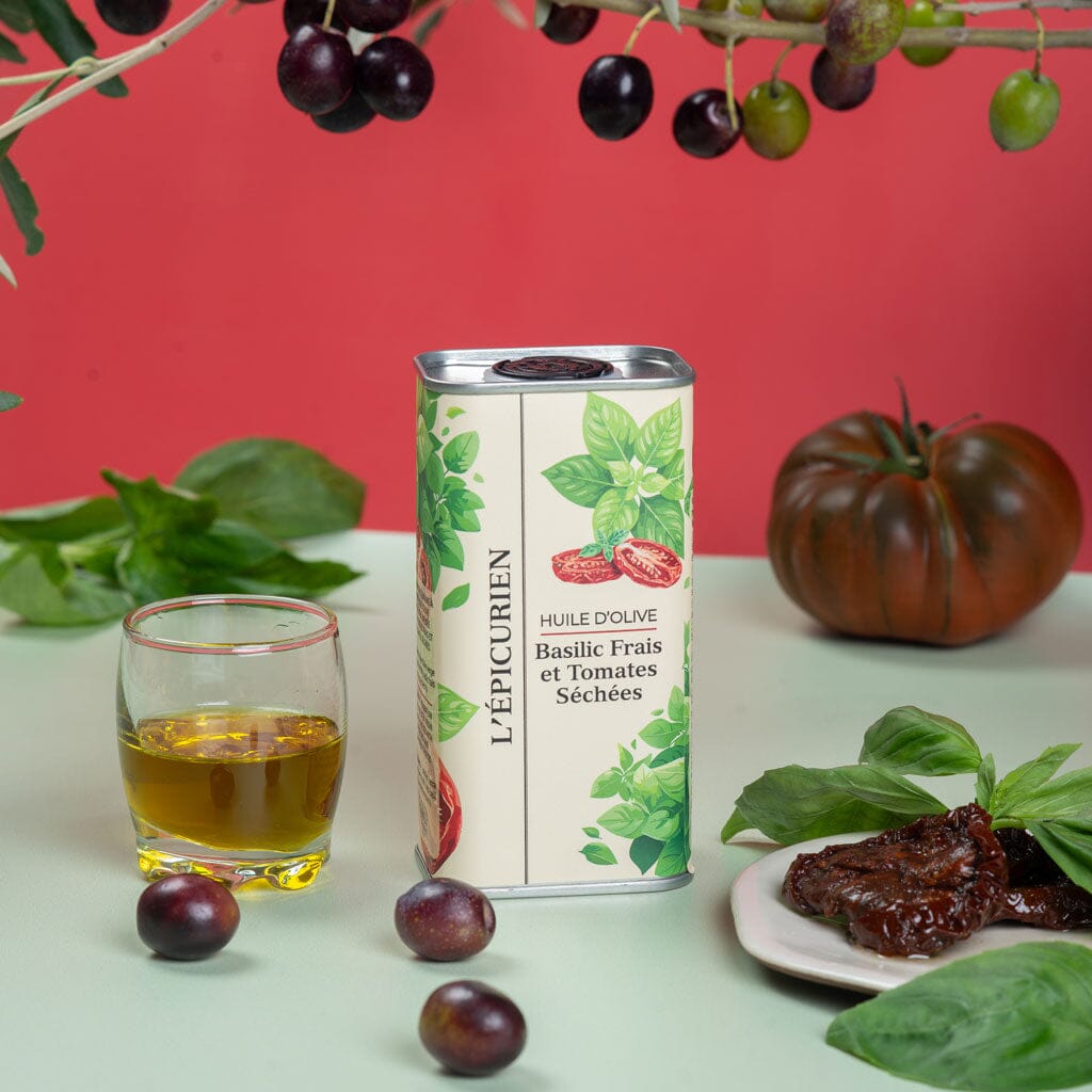 Huile d'Olive Vierge Extra infusée au Basilic Frais et Tomates Séchées aide culinaire L'Épicurien 