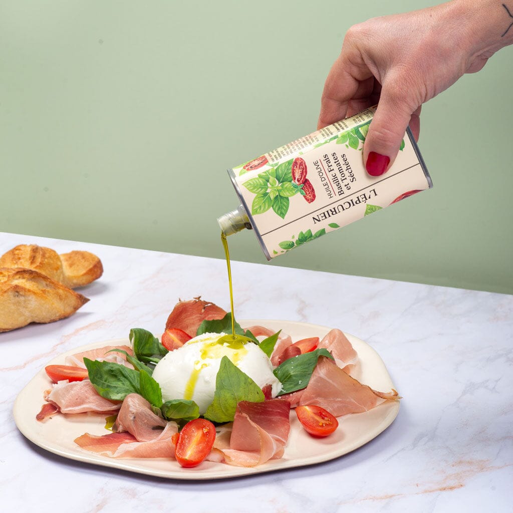Huile d'Olive Vierge Extra infusée au Basilic Frais et Tomates Séchées aide culinaire L'Épicurien 