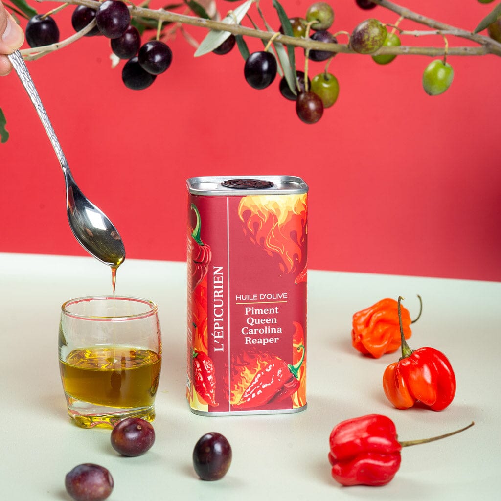 Huile d'Olive Vierge Extra infusée avec du piment Carolina Reaper aide culinaire L'Épicurien 